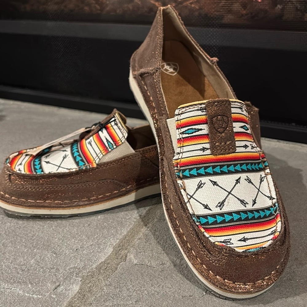 Ariat Cruisers Brown Suede Loafers with Southwestern Multicolor Stripe Print